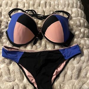 Shade & Shore Pink, Blue and Black Colorblock Bikini Set top 38DD bottoms XL